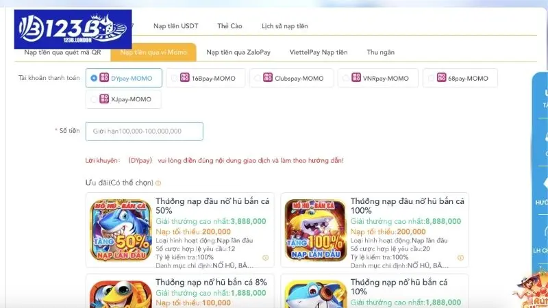 Hướng dẫn gửi tiền 123B ví điện tử